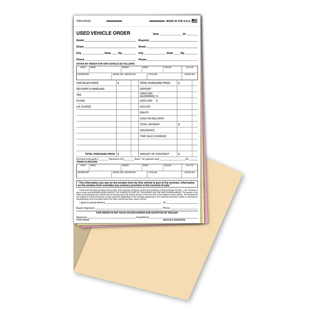 Used vehicle order book with 3-part carbonless snap-out forms – 50 per book