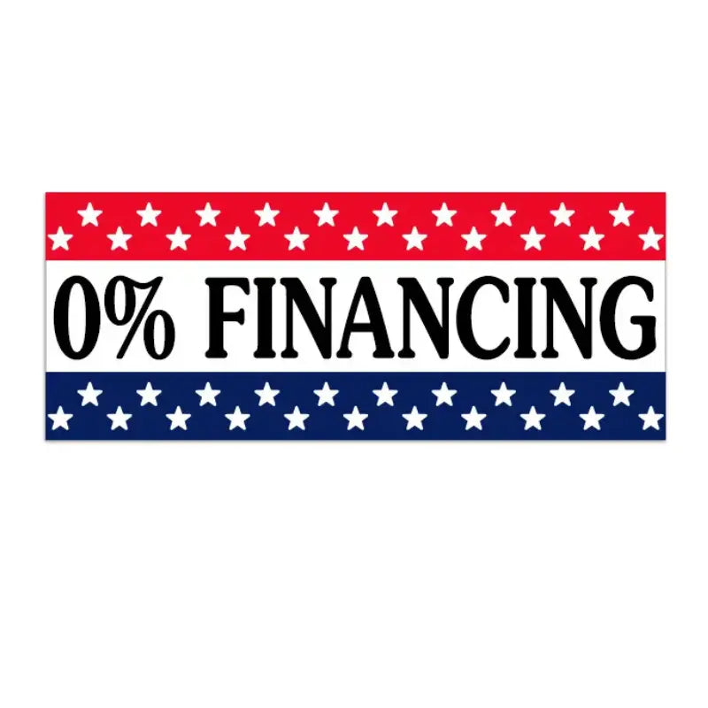 0% Financing text on a red, white, and blue striped background with stars.