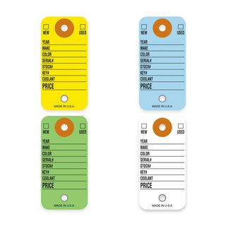 Colored Cardboard  Key Tags shown in yellow, blue, green and white.