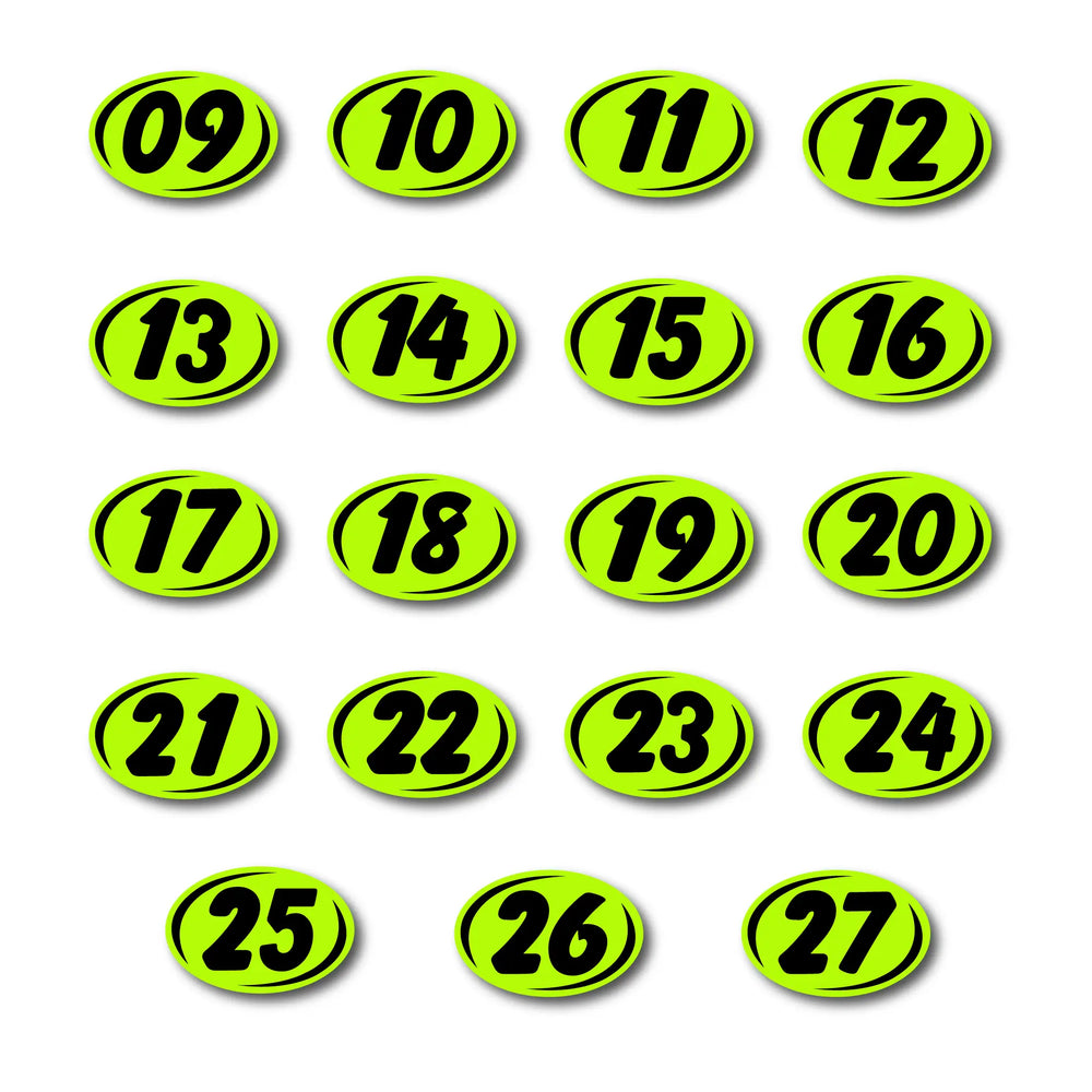 2 Digit Model Year Chartreuse and Black Windshield Oval Stickers.