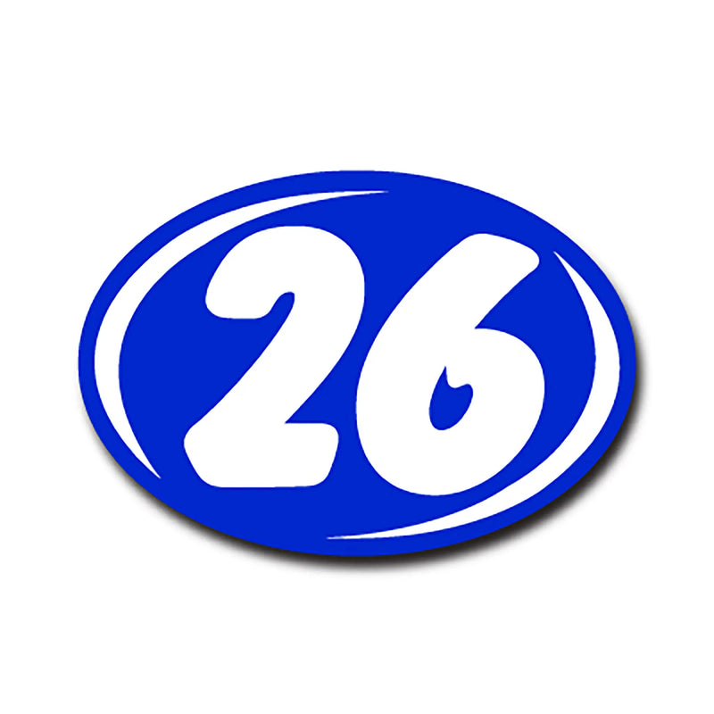 2 digit Blue year windshield number with the number 26 inside on a white background