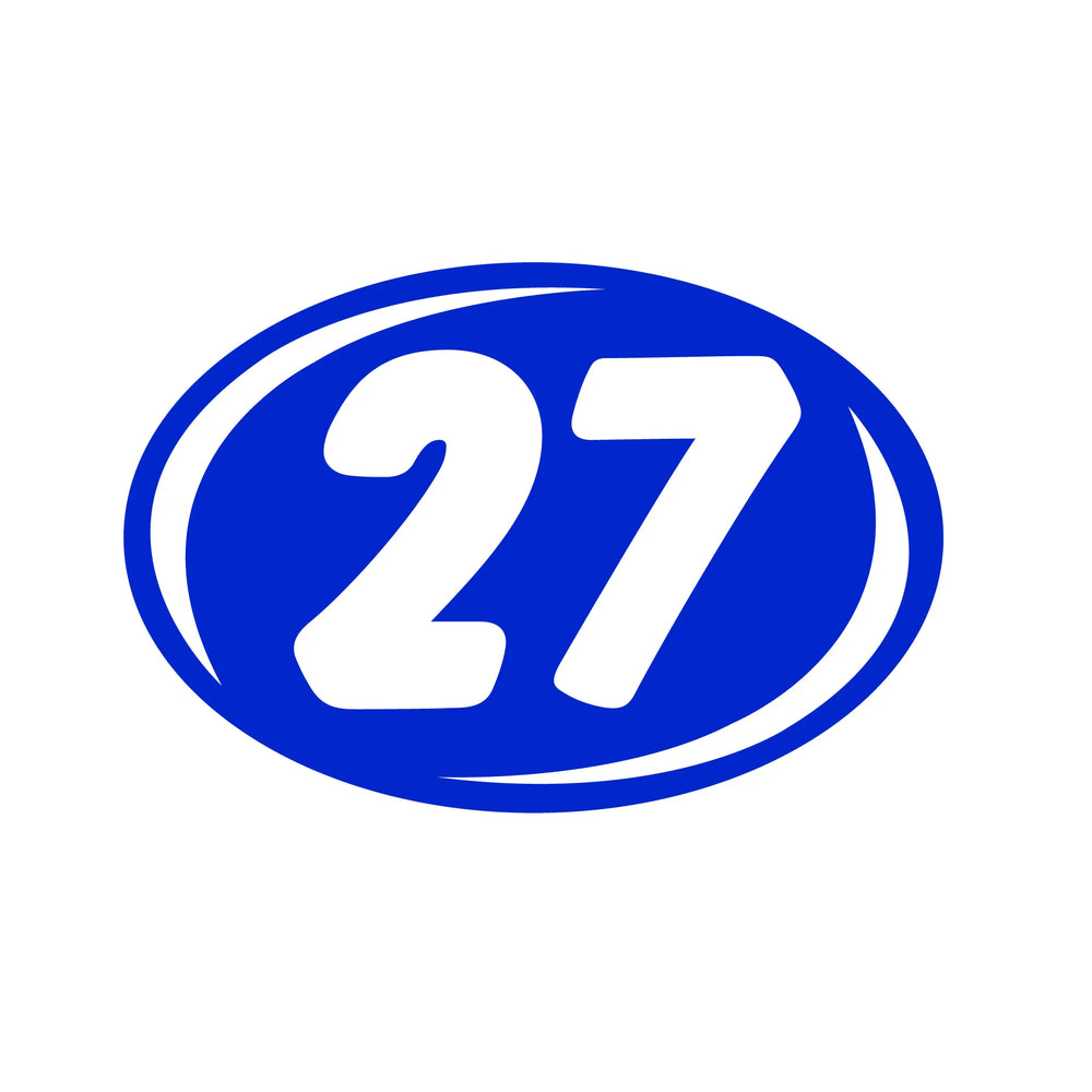 2 digit Blue year windshield number with the number 27 inside on a white background