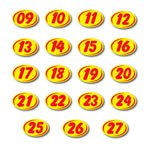 Thumbnail for 2 Digit yellow oval windshield numbers with red text on a white background