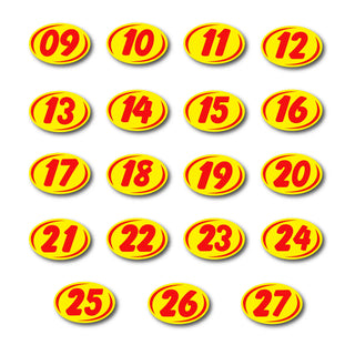 2 Digit yellow oval windshield numbers with red text on a white background