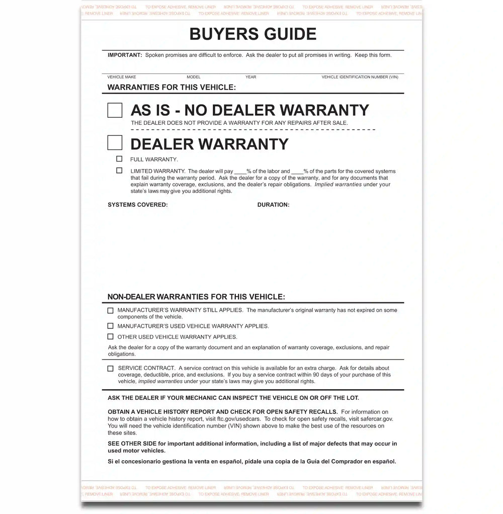 Professional 2-Part Carbonless Buyers Guides with strong adhesive, ensuring clear vehicle information for dealerships and auctions.