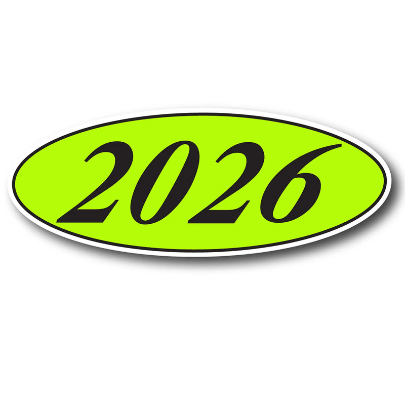 Oval-shaped sign with '2026' on a bright green background