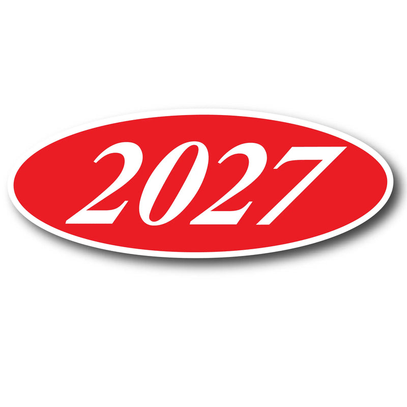 Red oval with '2027' in white on a white background