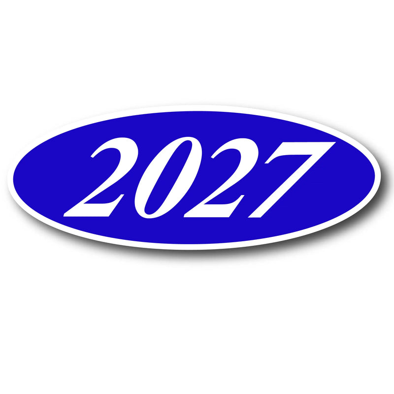 Oval-shaped blue sign with '2027' in white on a white background