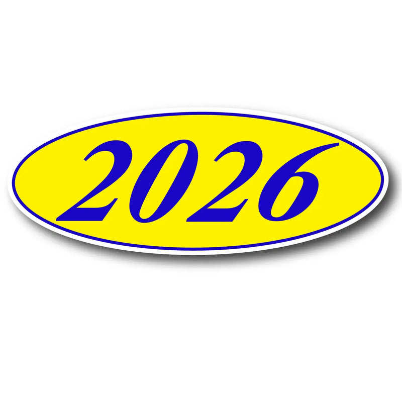 Oval-shaped decal with '2026' in blue on a yellow background