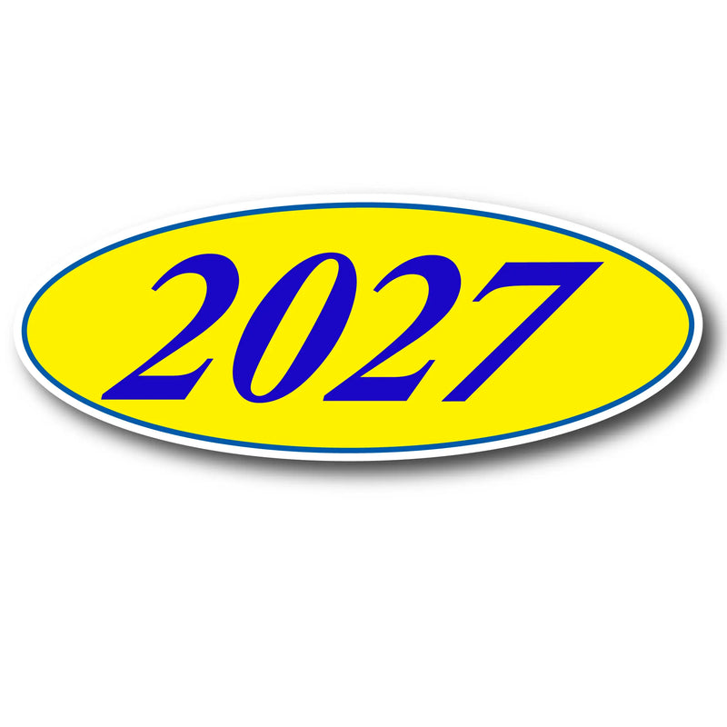 Oval-shaped decal with '2027' in blue on a yellow background