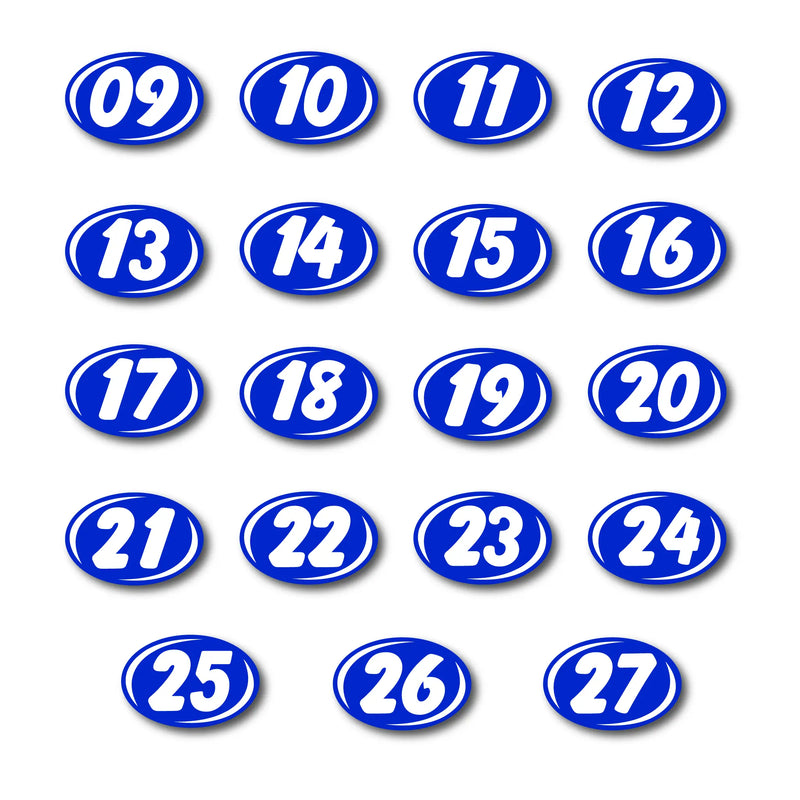 2 digit Blue year windshield number with the numbers 09 to 27 inside on a white background
