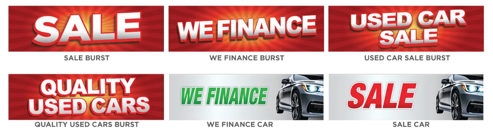 Collection of used car sale banners with various text and images.