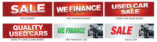 Collection of used car sale banners with various text and images.
