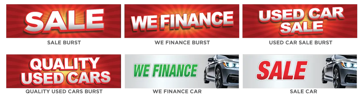 Collection of used car sale banners with various text and images.