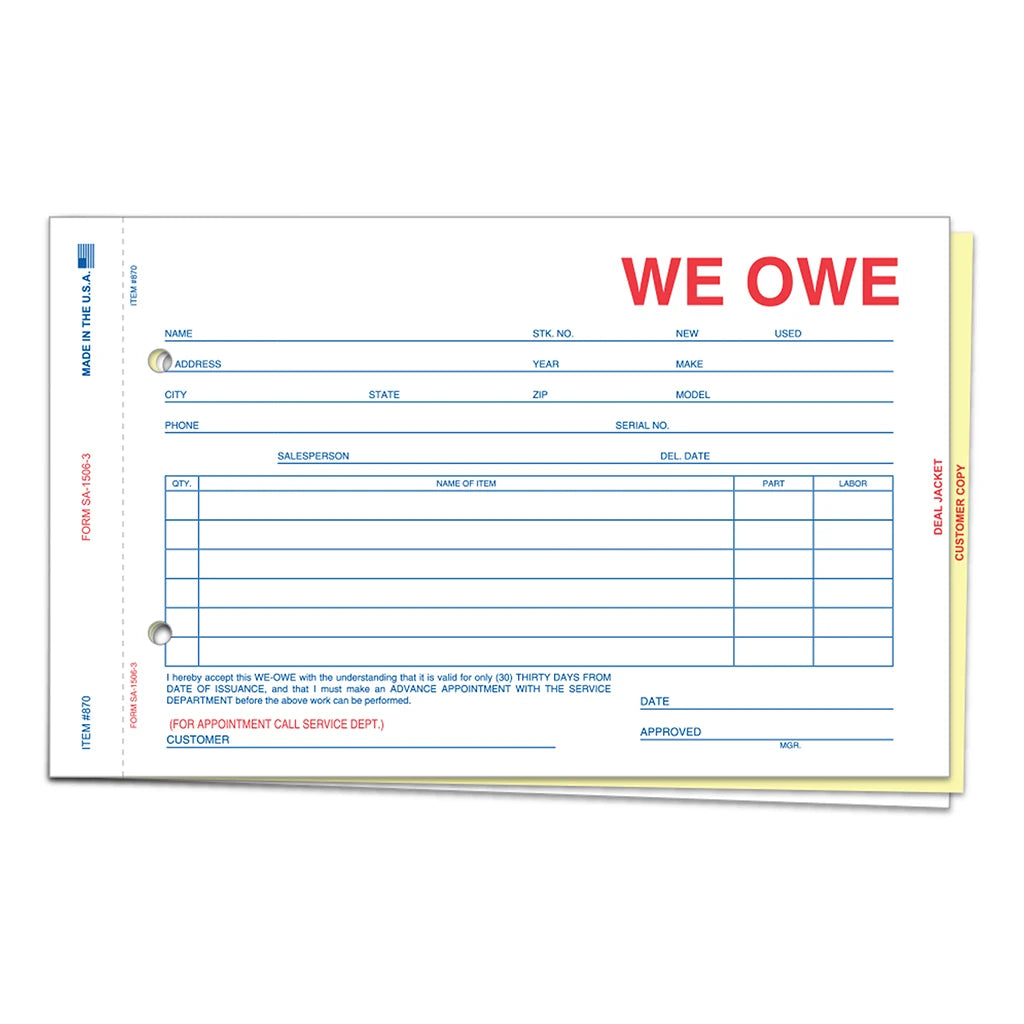 3-Part We Owe Form – Snap-Out Carbonless Auto Dealership Form