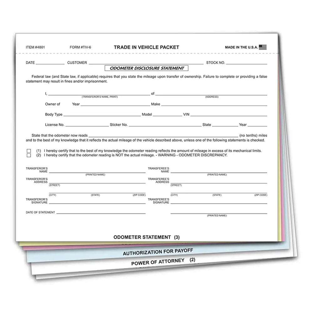 A stack of trade-in vehicle combination forms with odometer statement, designed for 6 parts, with printed text and spaces for entering data.