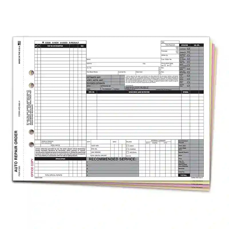 Repair Order 4 Part Snap Out form for Auto Repair.