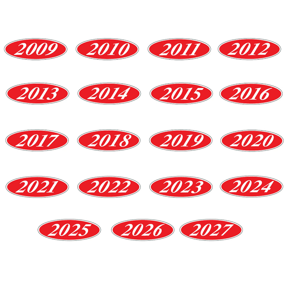 Red and White year oval stickers for windshield. 
