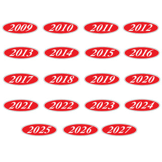 Red and White year oval stickers for windshield. 
