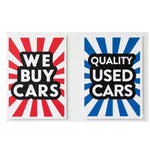 Thumbnail for Two signs with red and blue sunburst patterns and text about buying cars.