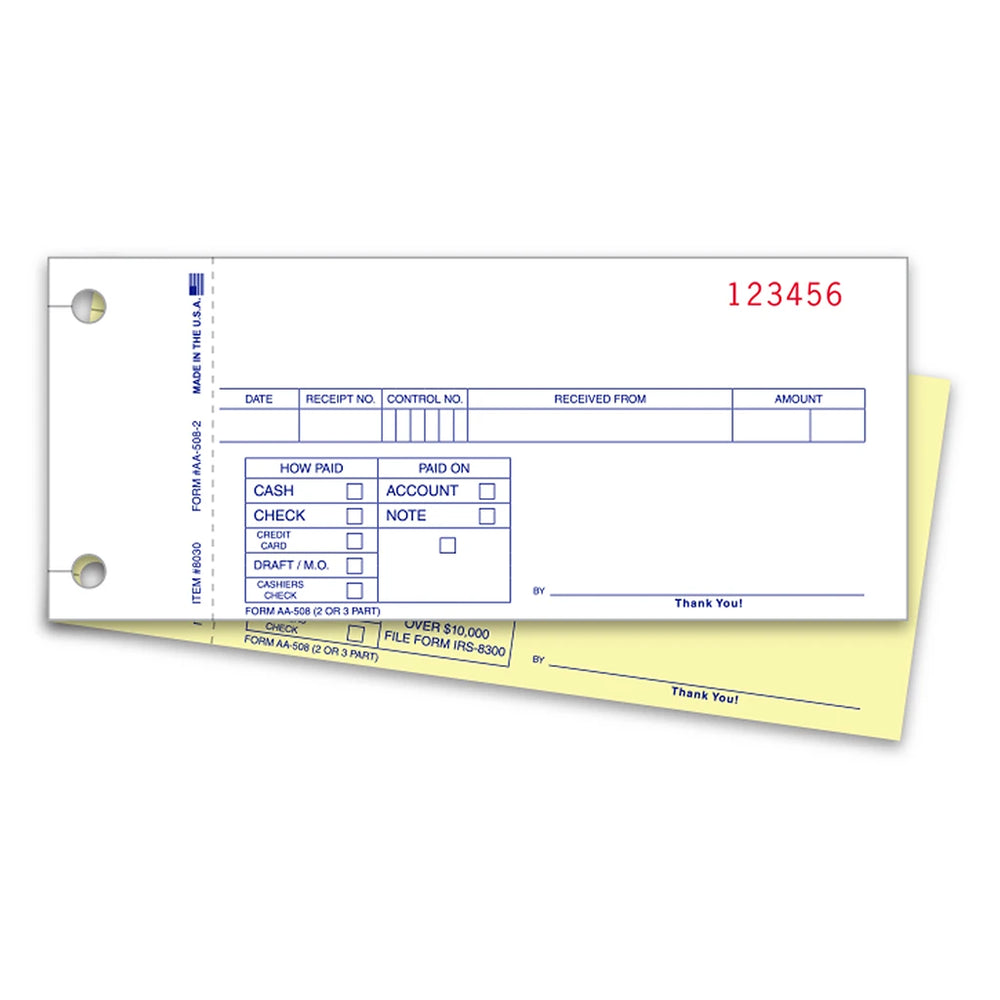 Carbonless snap-out cash receipts with file holes and Red numbering.