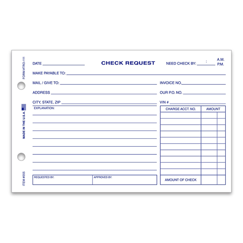 Check Request Form with 1-part White paper, Blue ink printing,