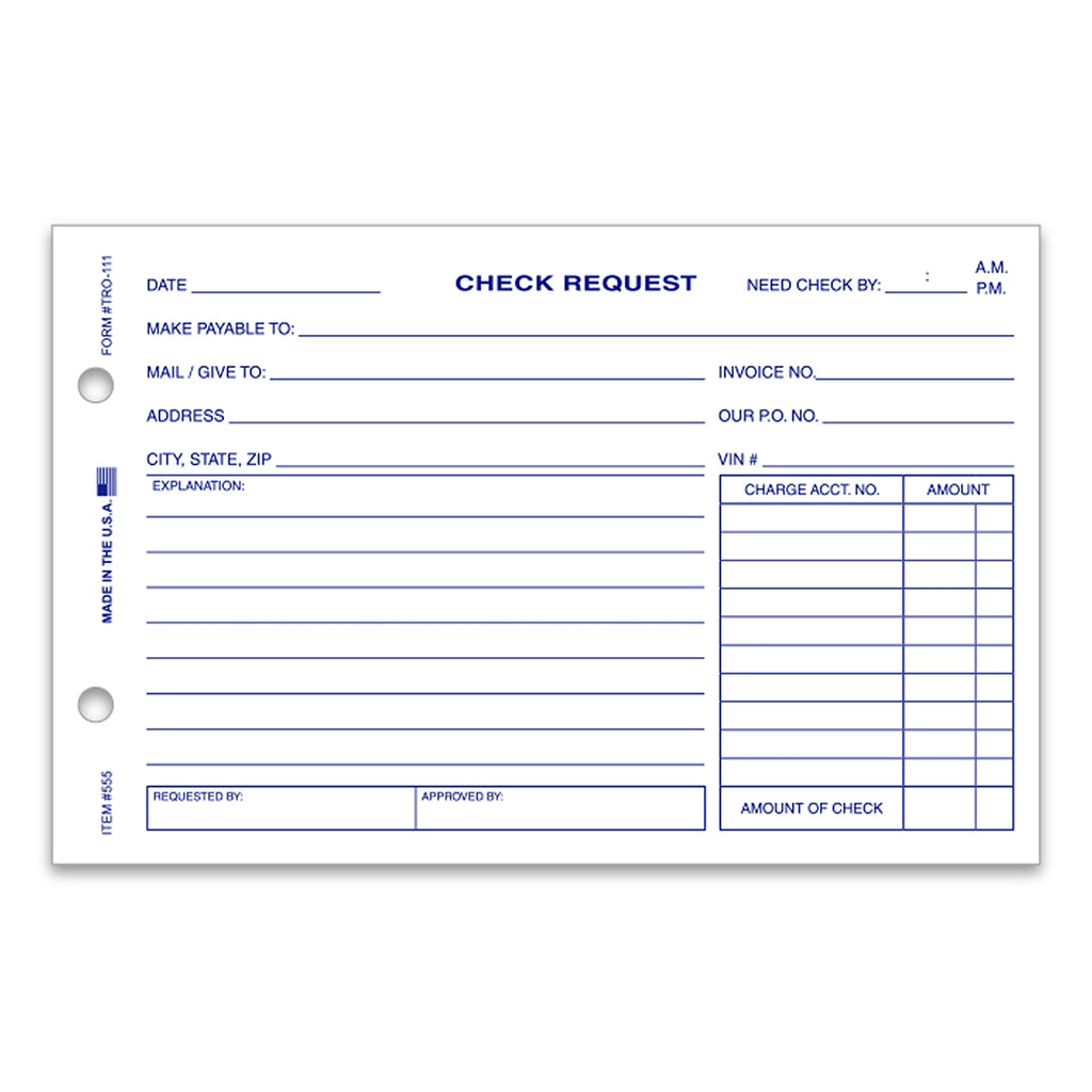 Check Request Form with 1-part White paper, Blue ink printing,