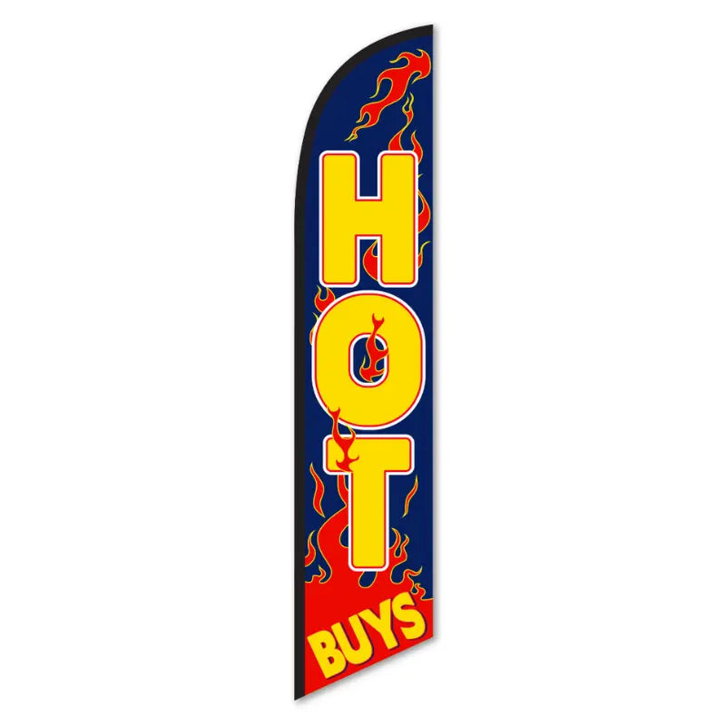 Swooper flag with 'HOT BUYS' text and flames on a blue background