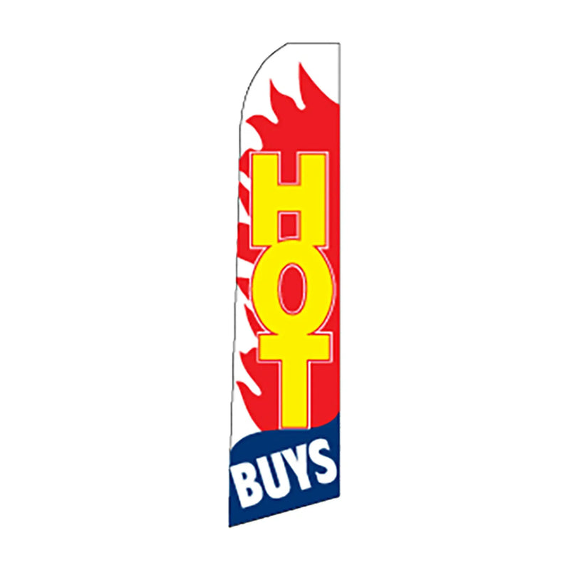 Swooper flag with 'HOT BUYS' text on a white background