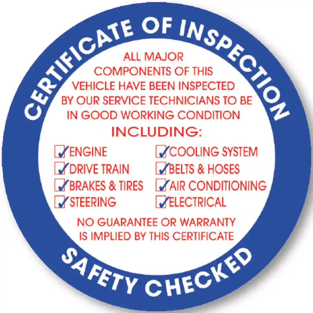 Durable front-facing adhesive inspection stickers with clear lettering, ideal for automotive and industrial use, weather-resistant.