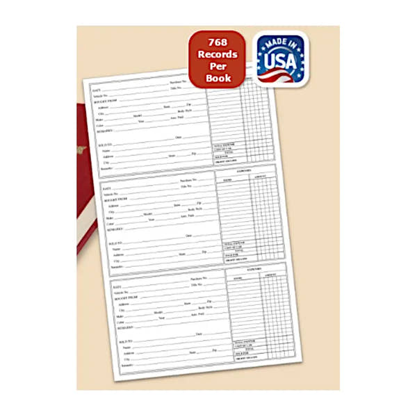 Record book with pre-printed forms on a beige background, featuring 'Made in USA' label.