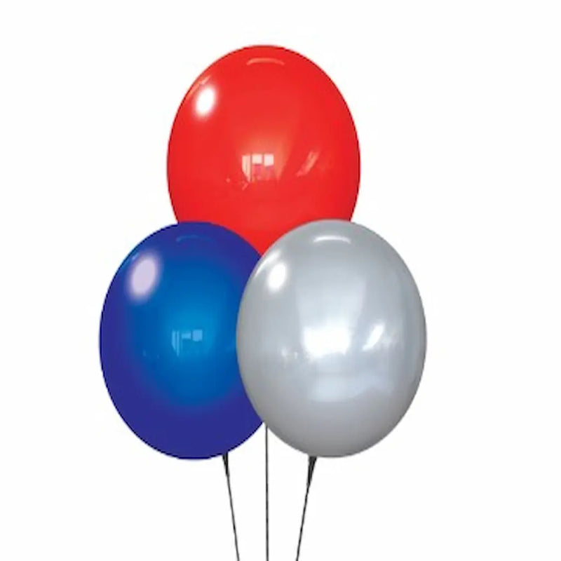 Three Duraballoons in red, blue, and silver on a white background