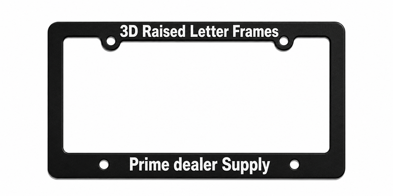 Black 3D raised letter license plate frame with 'Prime dealer Supply' branding on a white background