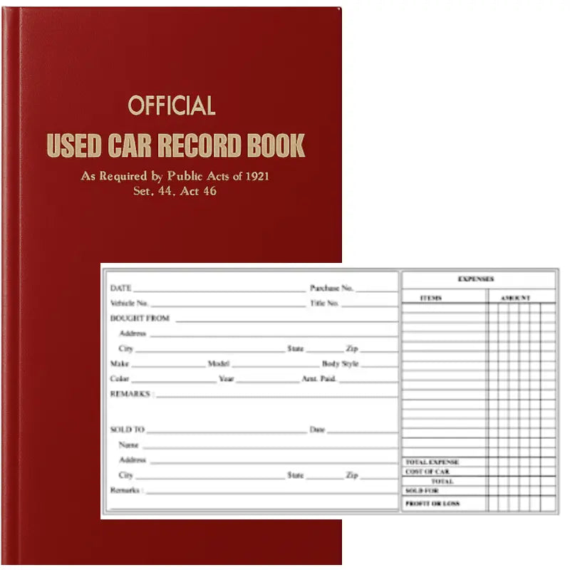 Red 'Official Used Car Record Book' with one sample form from inside an inside page