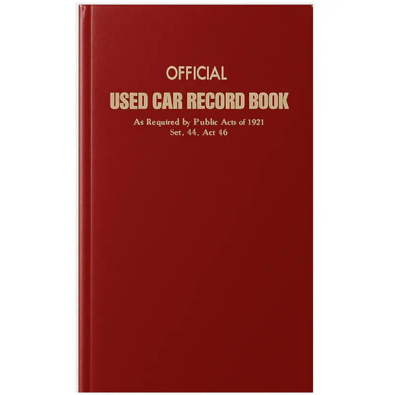 Red book titled 'Official Used Car Record Book' also known as a Police Book, on a white background