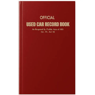 Red book titled 'Official Used Car Record Book' also known as a Police Book, on a white background
