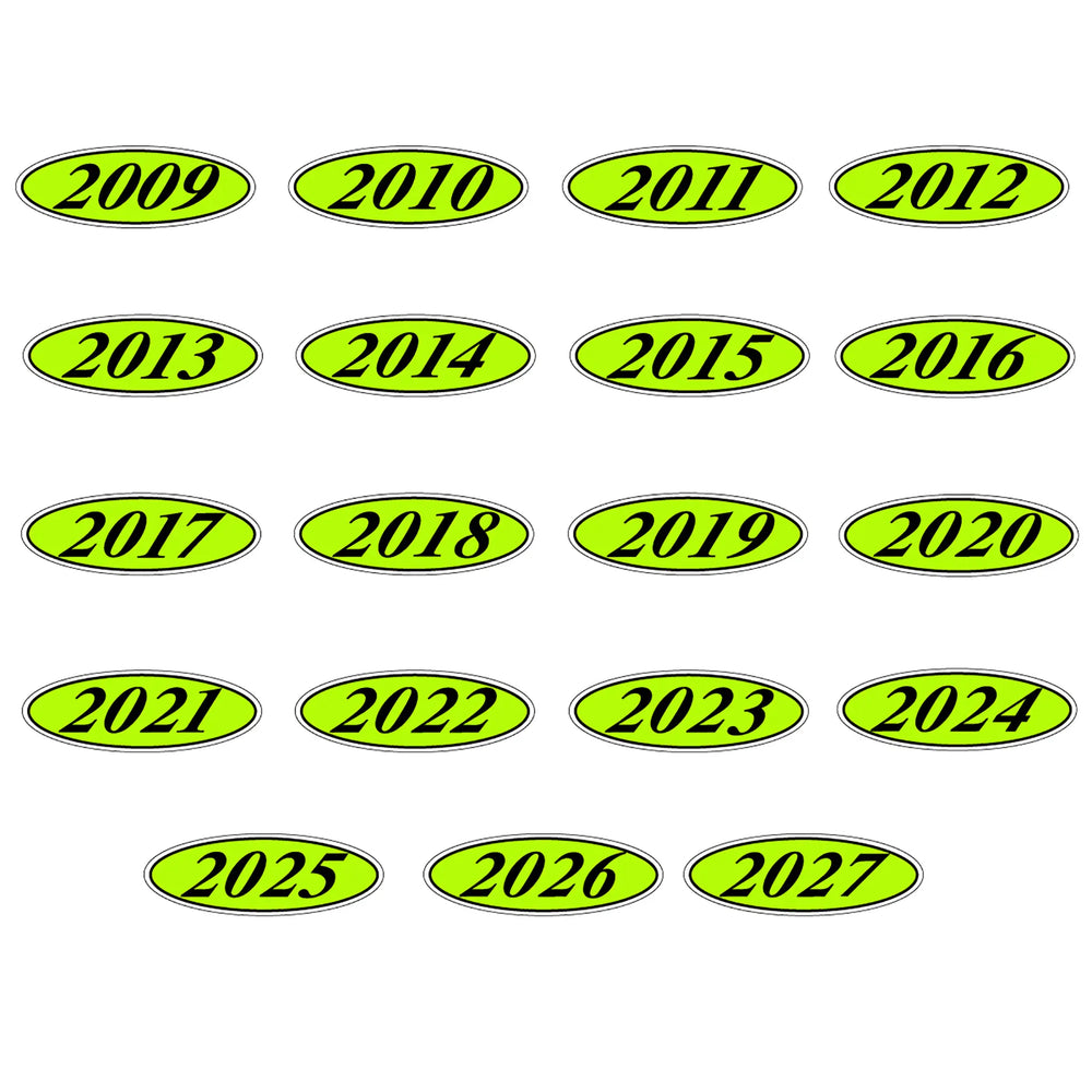 Flourescent green and black windshield year oval stickers.