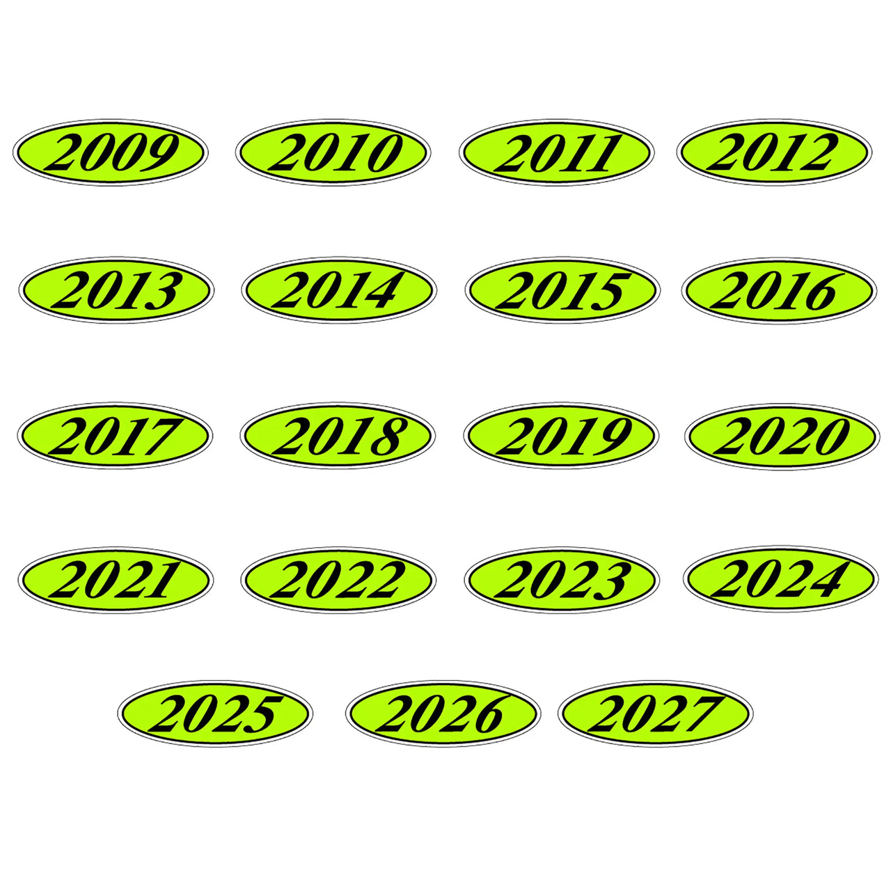 Flourescent green and black windshield year oval stickers.
