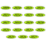 Thumbnail for Flourescent green and black windshield year oval stickers.