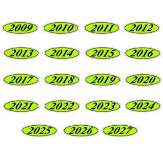 Flourescent green and black windshield year oval stickers.
