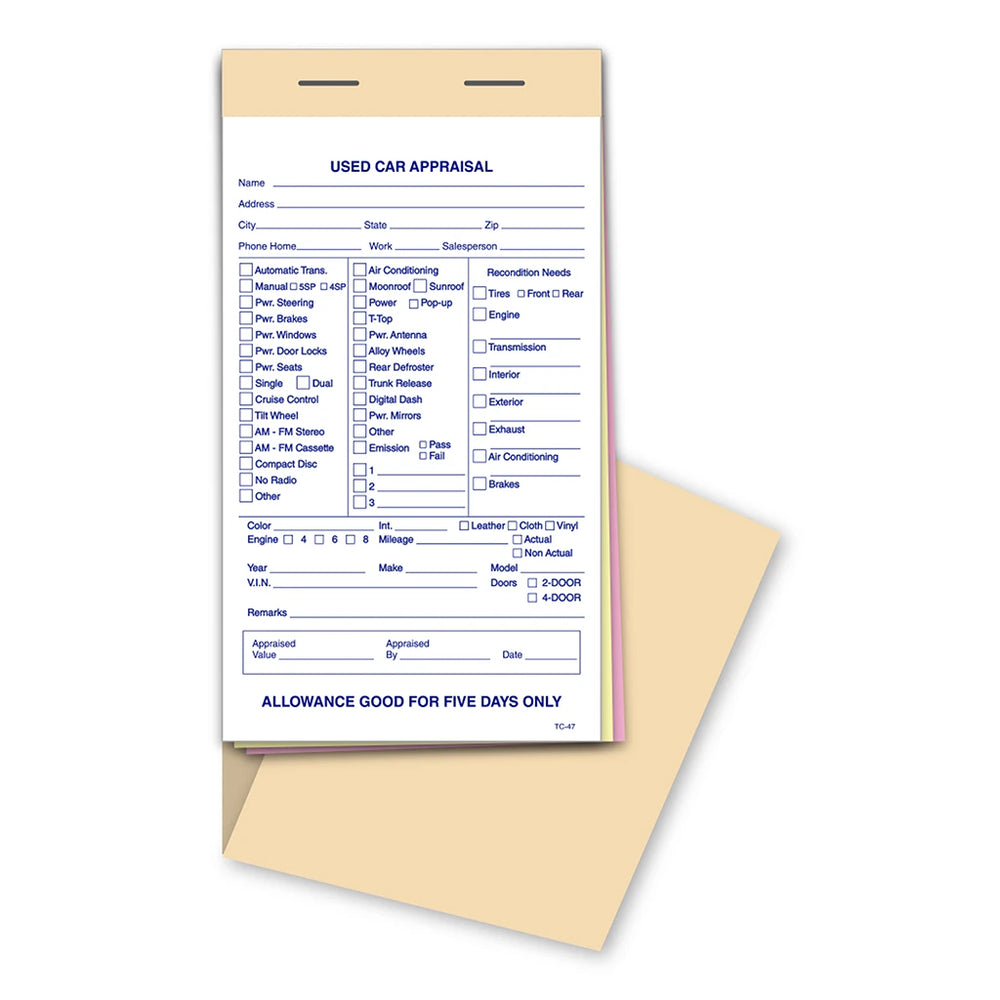 Used Vehicle Appraisal Book with 3-part carbonless snap-out forms, blue ink, 4-1/4" x 7-3/4".