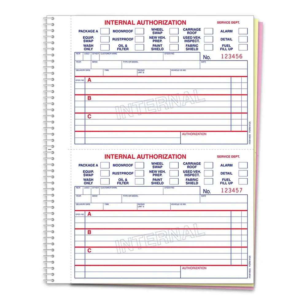 Internal Authorization Book with 3-part carbonless pages, pre-numbered in Red ink.