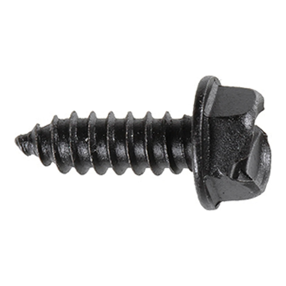 Black E-Coat slotted hex washer head license plate screw, #14 x 3/4", 100 per box.