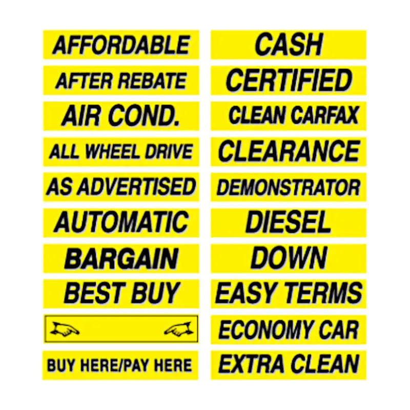 Yellow and black windshield slogan decals with 3-D shading, 15" x 2-3/4", 12 pack.