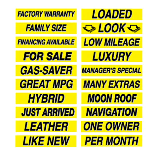 Yellow and black windshield slogan decals 15" x 2-3/4", 12 pack.