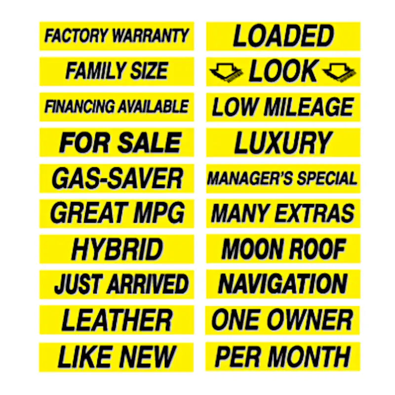 Yellow and black windshield slogan decals 15" x 2-3/4", 12 pack.