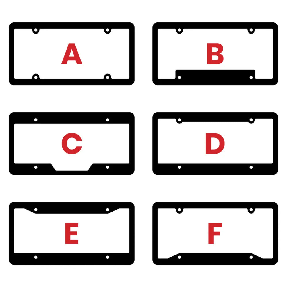 Six black license plate frames styles to choose to customize.
