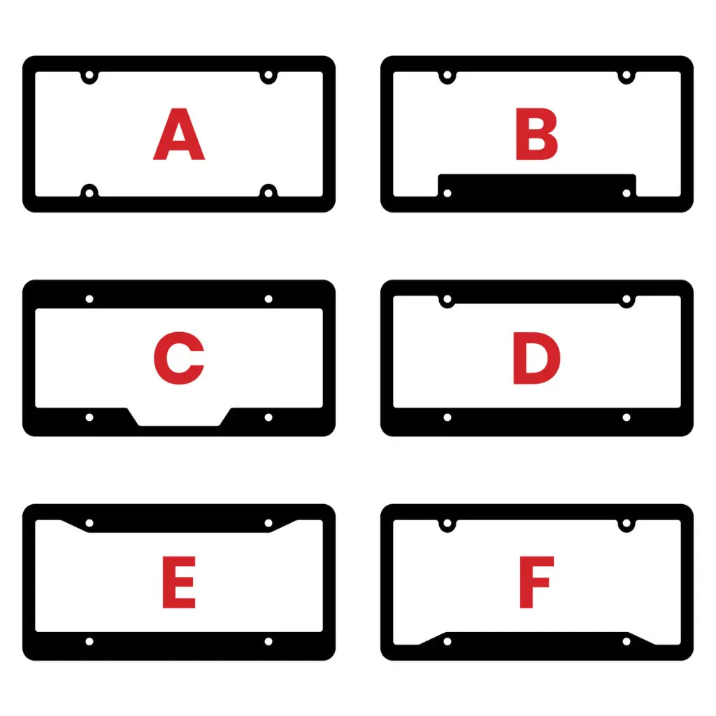 Six black license plate frames styles to choose to customize.