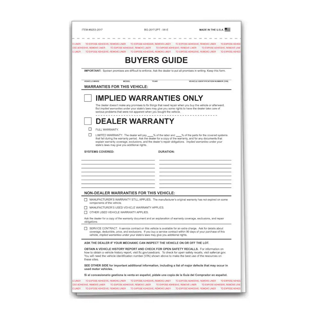 implied buyers guide with adhesive tape 2 part