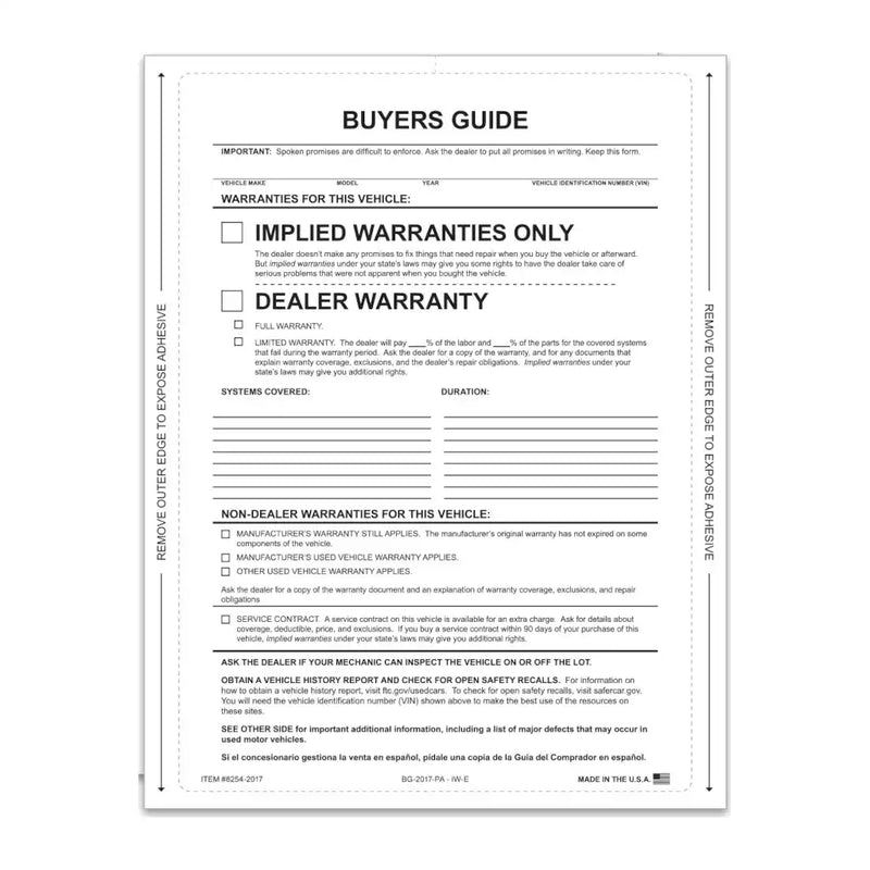Buyers Guide, Implied Warranty, Complete Seal Laser Form-Implied with lines-Prime Dealer Supply
